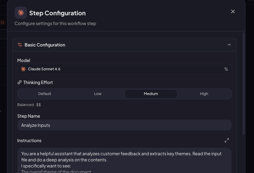 LLM node config panel with prompt textarea