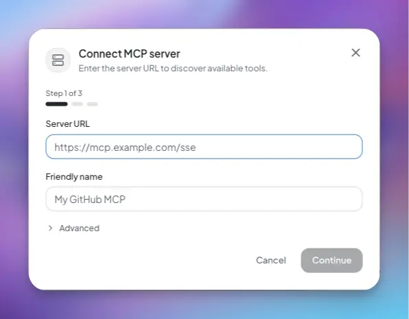 The Connect MCP server dialog showing the Server URL and Friendly name fields with the Advanced section expanded.