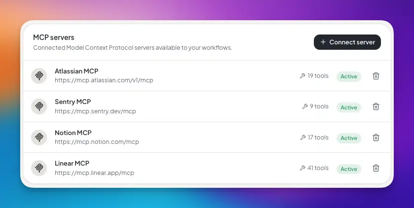 The MCP servers section on the Integrations page, showing a connected server row with its status badge and tool count.