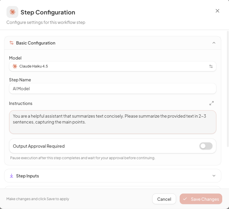 AI Model node selected with model picker and task instructions configured